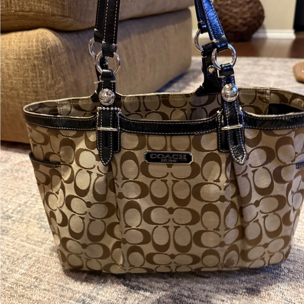 Coach Tan and Black Signature Shoulder Bag